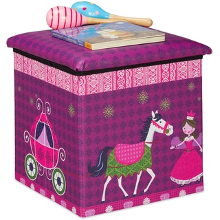 Relaxdays Sitzhocker Kinder, Prinzessin-Design, Sitzbox faltbar, mit Stauraum, Sitzwürfel, HxBxT 31 x 31 x 31 cm, lila