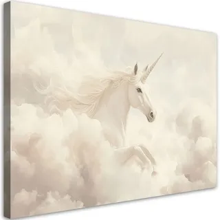 Feeby Wandbild für Kinderzimmer Einhorn in beigen Wolken 60x40cm , Beige , Textil , Märchen/ Fantasie , Rechteckig , 60x40 cm , Bilder & Rahmen, Bilder, Leinwandbilder