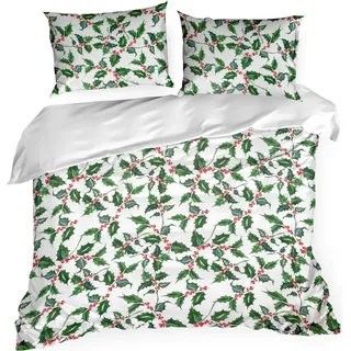 Eurofirany Bettwäsche TORI 160x200 cm Weihnachten Bettbezug Set Mistel weiß grün rot - Weiß, Grün, Rot