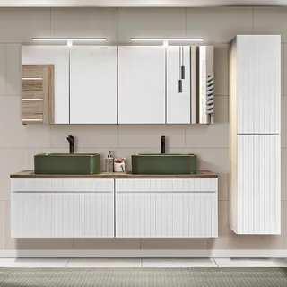 Badmöbel Set in weiß matt mit Vintage Eiche Nb. IRAKLIO-56 Doppelwaschtisch mit zwei Keramik Waschbecken, B/H/T: ca. 215/200/46 cm - Weiß