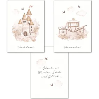double critical Lemmami Papeterie 3er Set Boho Deko Wandbilder Kinderzimmer Babyzimmer Poster Bilder Mädchen Jungen (Märchen Schloß Kutsche Pinzessin)