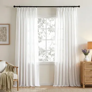 Leinenvorhang mit Kräuselband Weiß-Vorhänge 280 cm Lang für Raumteiler Balkontür Wohnzimmer Modern Landhaus Schrank Schlafzimmer mit Haken Halbtransparent Lichtdurchlässig Gardine Boho Deko 2er set