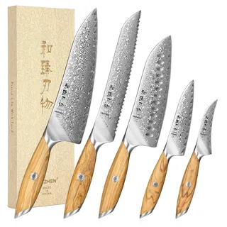 HEZHEN Damast Küchenmesser Set 5-Teilig, Professionelles Damaszener Stahl Kochmesser Set Santoku Messer, Ergonomischer Olivenholz Griff