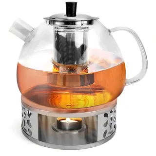 TYBYBB 1500ML Teekanne mit Siebeinsatz aus Glas, mit Stövchen, Teapot with Strainer, Teekanne mit Teelicht Wärmer, für Losen Tees Fruchttee Duftender Tee (GlasteekanneSet)