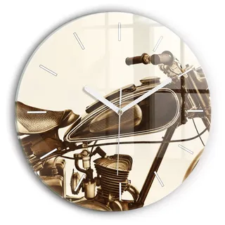 Wallfluent Wanduhr – Stilles Quarzuhrwerk - Uhr Dekoration Wohnzimmer Schlafzimmer Küche - Zifferblatt mit Striche - weiße Zeiger - 30 cm - Sepia-Motorrad Vintage - Braun