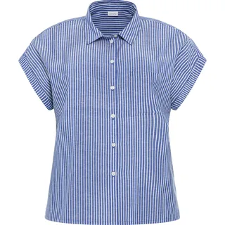 Hemdbluse LASCANA, Damen, Gr. 32/34, blau (blau, weiß gestreift), Web, Obermaterial: 58% Viskose, 28% Baumwolle, 14% Leinen, gestreift, figurumspielend hüftlang, V-Ausschnitt, mit Umschlag, Blusen Hemdbluse, aus Leinenmix mit Knopfleiste, Leinenbluse, Kurzarmbluse