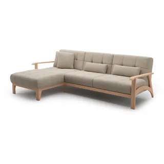 Cavadore Ecksofa Billan / Schlafsofa im skandinavischen Design mit Longchair, Bett und massivem Holzgestell in Buche / 264 x 88 x 183 / Flachgewebe, Beige