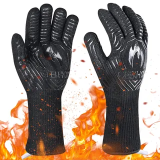 GEEKHOM Grillhandschuhe, Grillhandschuhe Hitzebeständig Schutz Temperatur bis 800 °C, 35,6 cm Feuerfeste Handschuhe rutschfest Safe Kochhandschuhe für Kochen, Backen& Grillen, Schwarz