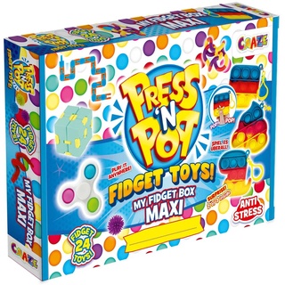 CRAZE PressNPop Press N My Box Maxi 24 Toys Anti Stress Spielzeug Set mit Pop It Schlüsselhänger Cube Fidget Spinner und viel mehr 38147, wunderschöne Farbkombinationen