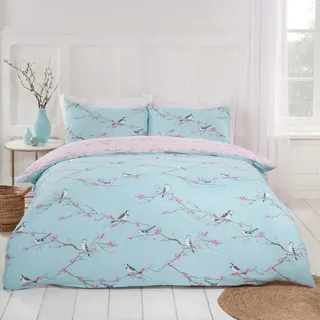 DREAMSCENE Blossom Wende-Bettwäsche-Set, Blumenmuster, Bettbezug mit Kissenbezug, Entenei, Blush Pink, Vogeldruck, Doppelbett DDHSBIRDE02 Duck Egg Rouge mit Rosa Vogel-Aufdruck