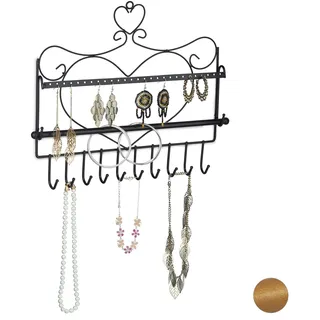 Relaxdays Schmuckhalter Wand, für Ketten, Ohrringe & Armbänder, Schmuckhaken Herzform, HxBxT 30 x 36,5 x 3,5 cm, schwarz