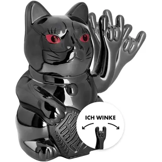 ANGRY CAT - Winkekatze Lucky CAT - rockige, winkende - Rock- japanische Winkkatze rockt - Dekoartikel Wackelfigur - Winke-Arm mit Heavy-Metal-Zeichen - 15cm, Black Shiny