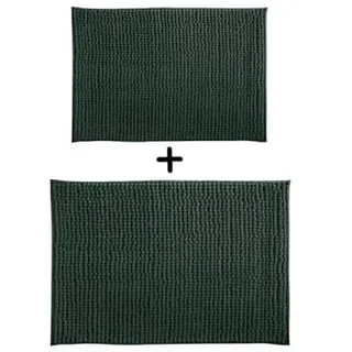 MSV - Set aus 2 Luxus Chenille Mikrofaser Badematten - Langflor rutschfest - 40 x 60 cm & 60 x 90 cm - Dunkelgrün - Maschinenwaschbar - Praktische Aufhängeschlaufe - Erhöhter Komfort und Hygiene