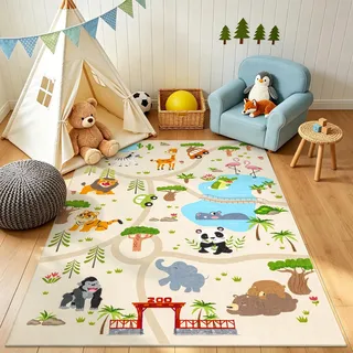 Enyhom Dicker Spielteppich Kinderteppich Ultraweiche rutschfest Spielmatte Waschbar Zoo Tiere Kinderteppich für Mädchen Jungen,Straßenteppich, 150 x 200 cm