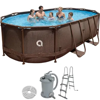 Avenli Frame Oval Pool Set 427x275x100 cm, Aufstellpool oval, mit Sandfilteranlage und Leiter, braune Rattanoptik - Braun