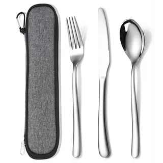 MURRI&MURRDI Besteck Set für 1 Personen, 3 teilig Mehrweg Flatware Set, Besteck Edelstahl Spiegelpoliert, Camping Messer Gabel Löffel mit Tasche, Spülmaschinenfest (3 Silbrig)