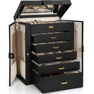 AKOZLIN Schmuckkästchen, Organizer, funktional, Leder, Schmuckaufbewahrungskoffer für Frauen und Mädchen, Ring, Halskette, Ohrringe, Armband, Halter Organizer mit Spiegel, Schwarz