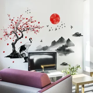 COVPAW Wandtattoo Landschaft Chinesisch Malerei Kraniche Wohnzimmer Wandaufkleber Schlafzimmer Berg Baum Fluss Japanisch Wandsticker Kinderzimmer Küche Büro Wanddekoration (Berg Baum Kraniche)