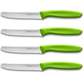 Ruffulon Schneidemesser 4er Set,Frühstücksmesser Wellenschliff,Klein Messer | Grün,11cm Edelstahl,Kunststoffgriff Tomatenmesser,Frühstücksmesser Spülmaschinenfest,für Esszimmer,Küche,Geschenke