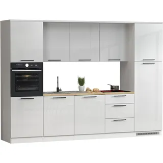 Küchenzeile KOCHSTATION "KS-Luna, Einbauküche, Zeilenküche, Küchenblock", küche: weiß, front: weiß hochglanz, korpus: weiß matt, arbeitsplatte: eiche chopinfarben, B:300cm H:214,5cm T:60cm, Komplettküchen-Sets, Küchenzeile, Breite 300 cm, wahlweise mit Hanseatic-E-Geräten, APL 35mm stark