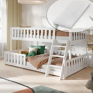 Etagenbett 90x200 / 120x200 Kinderbett Jugendbett Stockbett Hochbett mit Leiter, Rausfallschutz Lattenrosten und 2 Matratzen, Kinder Bett von 4. bis 16. Lebensjahr Weiß - Weiß