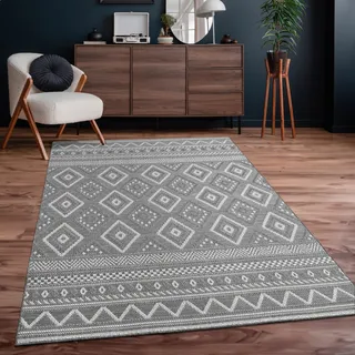 Outdoor Teppich Flachgewebe modern Boho Ethno wetterfest Außenbereich Grösse 240x340 cm - Grau