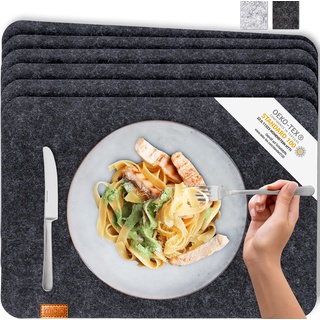 Miqio® - Design Tischset aus Filz | Marken Label aus echtem Leder | 6er Set Platzset (dunkel grau anthrazit) abwaschbar | Filzmatte Tisch Untersetzer Platzdeckchen abwischbar