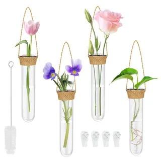 Alriedy 4 Stück Reagenzgläser Für Blumen, Reagenzglas Vase, Frühlingsdeko Fenster Hängend, Wasserröhrchen Wand Deko Glas Hängevase Mit Haken Und Reinigungsbürste, Hydrokultur Pflanzen