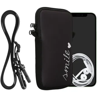 kwmobile Handytasche für Smartphones XXL - 7" - Neopren Handy Hülle Weiß Schwarz - Handy Tasche mit Kette 17,7 x 8,5 cm Innenmaße - Smile Herz
