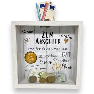 BUSDUGA 4193 Sparkasse „Zum Abschied“ Bilderrahmen 20x20x5cm, Spardose Abschiedsgeschenk (Holzoptik Weiß)