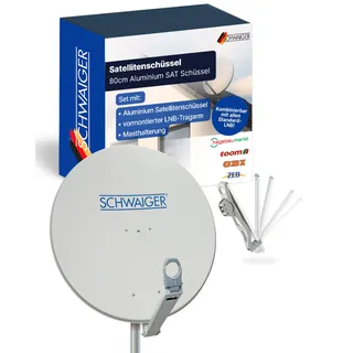 SCHWAIGER Satellitenschüssel I Ø 80 cm Aluminium Offset Antenne in hellgrau I Multifeed geeignet & wetterfest I SAT Schüssel mit LNB Tragarm & Masthalterung I maximale Empfangsleistung 38,5dB