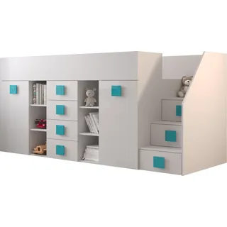 MINIO go for it, Etagenbett "TOLEDO 3", Rechts, türkis glänzende Griffe, Weiße Farbe - Weiß, Türkis