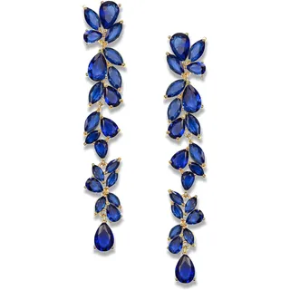 EVER FAITH lange Ohrringe mit Zirkonia für Damen Party Braut mit überzogene Kristall Blumenblatt Kronleuchter Blau Gold-Ton