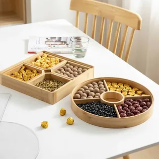 Jauhmui Bambus Nüsse Tablett Snackteller Obstbox für Party Hochzeitsdekoration(Rund)