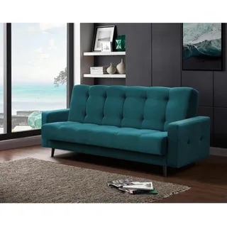Schlafsofa Nancy BIS Dreisitzer mit Schlaffunktion Bettkasten Polstersofa aus Velours Sofa mit Federkern Holzbeine, Stoff: kronos 04 - marine - Türkis