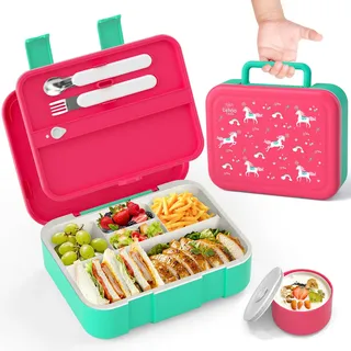 Lehoo Castle Lunchbox Kinder Mädchen, Brotdose Kinder, 1250ml Bento Box, mit Gabel und Löffel, Brotdose Mit Fächern 5 Fächer und Saucenbox, Auslaufsicher, BPA Frei(Einhorn)