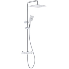 Rainsworth Duschsystem mit Thermostat Chrom, 30 * 30cm Quadratisch Regendusche Edelstahl, Duscharmatur Komplettset, 3 Strahlarten Duschkopf, Regendusche mit Armatur, 92-126 cm Duschstangen