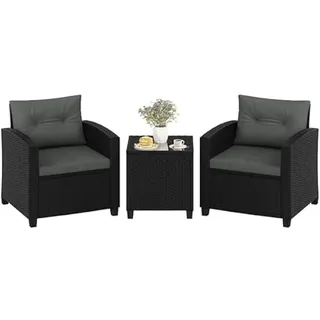 Yaheetech 3 TLG. Rattan Gartenmöbel Set mit Sitz- & Rückenkissen, Balkonmöbel Set inkl.2 Sessel & Tisch, 2 Personen Terrassenmöbel Sitzgruppe Lounge Set für Balkon Terrasse Garten, Schwarz & Grau