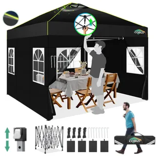 COBIZI Pavillon 3x3 Faltpavillon mit 4 Seitenwänden, Schwarz | Wasserdicht Stabil Winterfest Partyzelt Faltbar, Einfache Einrichtung UV-Schutz 50+, 3 Höhenverstellbar Gartenpavillon