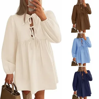 YGSIKY Damen Minikleid mit Langen Puffärmeln und Fliege vorne,Schößchen,Herbstkleider,A-Linie kurzes Rüschenkleid süßes fließendes Tunikakleid,Babydoll-Schößchen,lässiges Mini-Tunikakleid