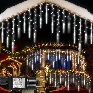 3.5M Eisregen Lichterkette Weiß LED Eiszapfen Lichtervorhang 8 Modi Fenster Balkon Garten Traufe Weihnachtsbeleuchtung Weihnachtsdeco - Weiß