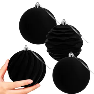 Miaikoe 4 PCS Große Samt Weihnachtskugeln Ornamente zerstörungsdicht hängend Set für Weihnachtsbaum Feiertagsparty Dekorationen (schwarz, 10 cm)