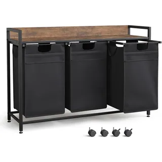Mondeer 3 x 50L Wäschekorb 3 Fäscher, Wäschesammler mit Ablage, Schwarz | Wäschewagen mit 3 Abnehmbaren Stofftaschen,Wäschesortierer auf Rollen,kleine seitliche Taschen,Metallrahmen,Wäschebox Vintage