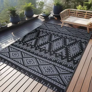 Homaxy Outdoor Teppich Wetterfest, Kunststoff Stroh Faltbar Waschbar UV-beständig Wendbar Balkon Garten Teppich für Terrasse Camping Picknick (120 x 180 cm, Schwarz & Grau)