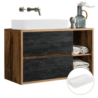 Lomadox Badmöbel Waschtischunterschrank mit Keramik Waschbecken HARLOW-56 Eiche mit Beton Dunkel Nb., b/h/t ca. 100/71/46 cm