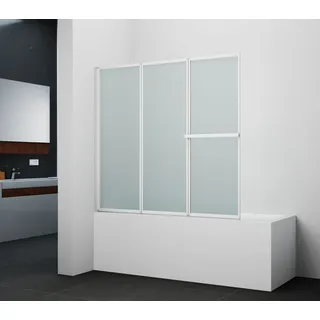 Badewannenfaltwand MARWELL White Vital chrom - 3-flg, 145x140cm - Kunststoff gefrostet in weiß - Duschabtrennung mit Handtuchhalter - Weiß, Transparent