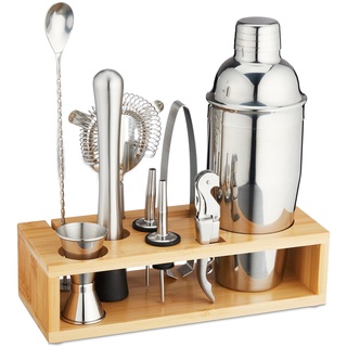 Relaxdays Cocktail Set, 10-TLG. Barset mit Ständer, Shaker, Barmaß, Barlöffel, Zange, Edelstahl & Bambus, Silber/Natur, 70%, 1x