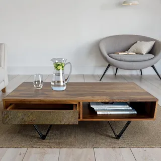 Couchtisch FineBuy Sofatisch Sheesham Massivholz 115 cm Schublade Steinoptik - Braun