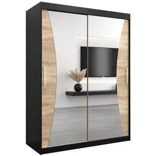 Abiks Möbel Schwebetürenschrank 200/150/62 2-türig , Schwarz, Sonoma Eiche , Holz , Nachbildung , 150x200x62 cm , Schlafzimmer, Kleiderschränke, Schwebetürenschränke