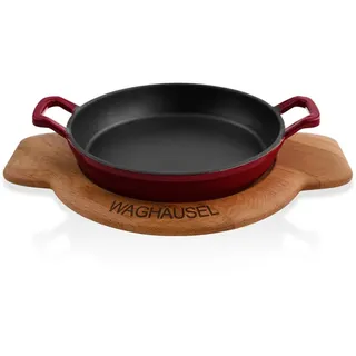 Sallys Gusseisen - Servierpfanne rund Ø 20 cm - mit Echtholzuntersetzer - Bordeaux